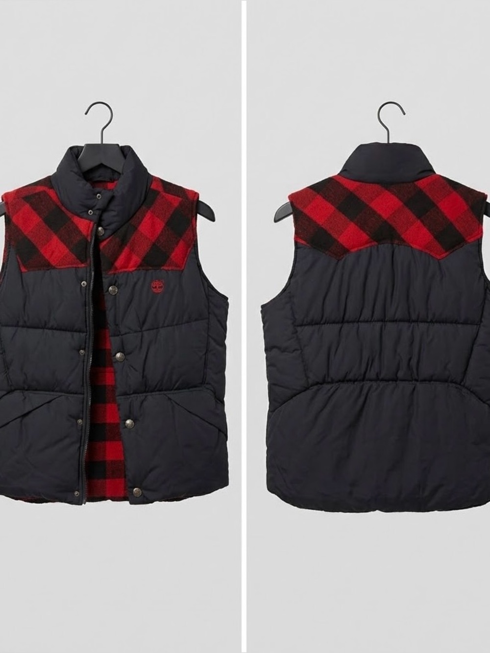 Timberland Black Vest with Red Buffalo Plaid Yoke